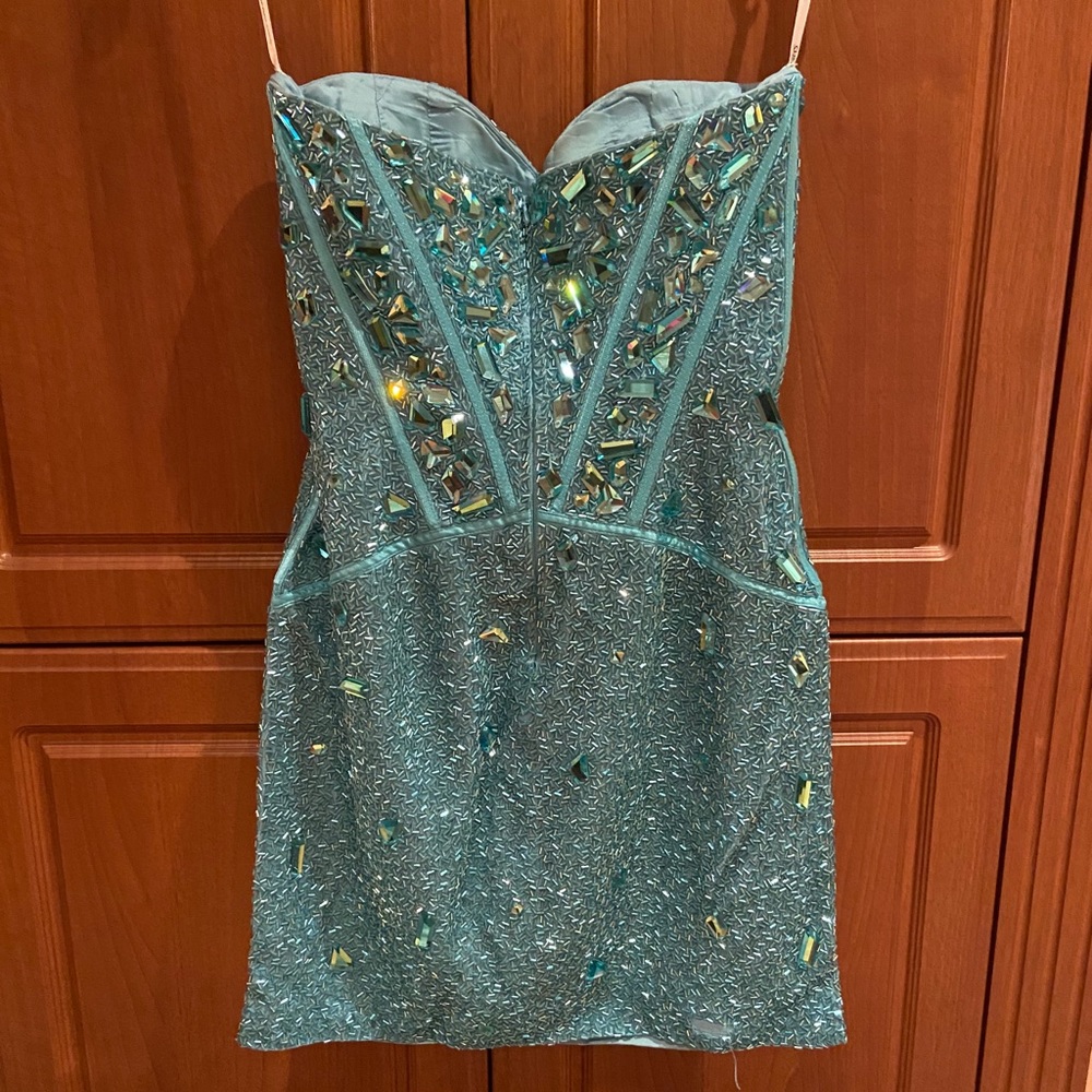 Sherri Hill Turquoise Over The Knee Beaded Dress View 4
